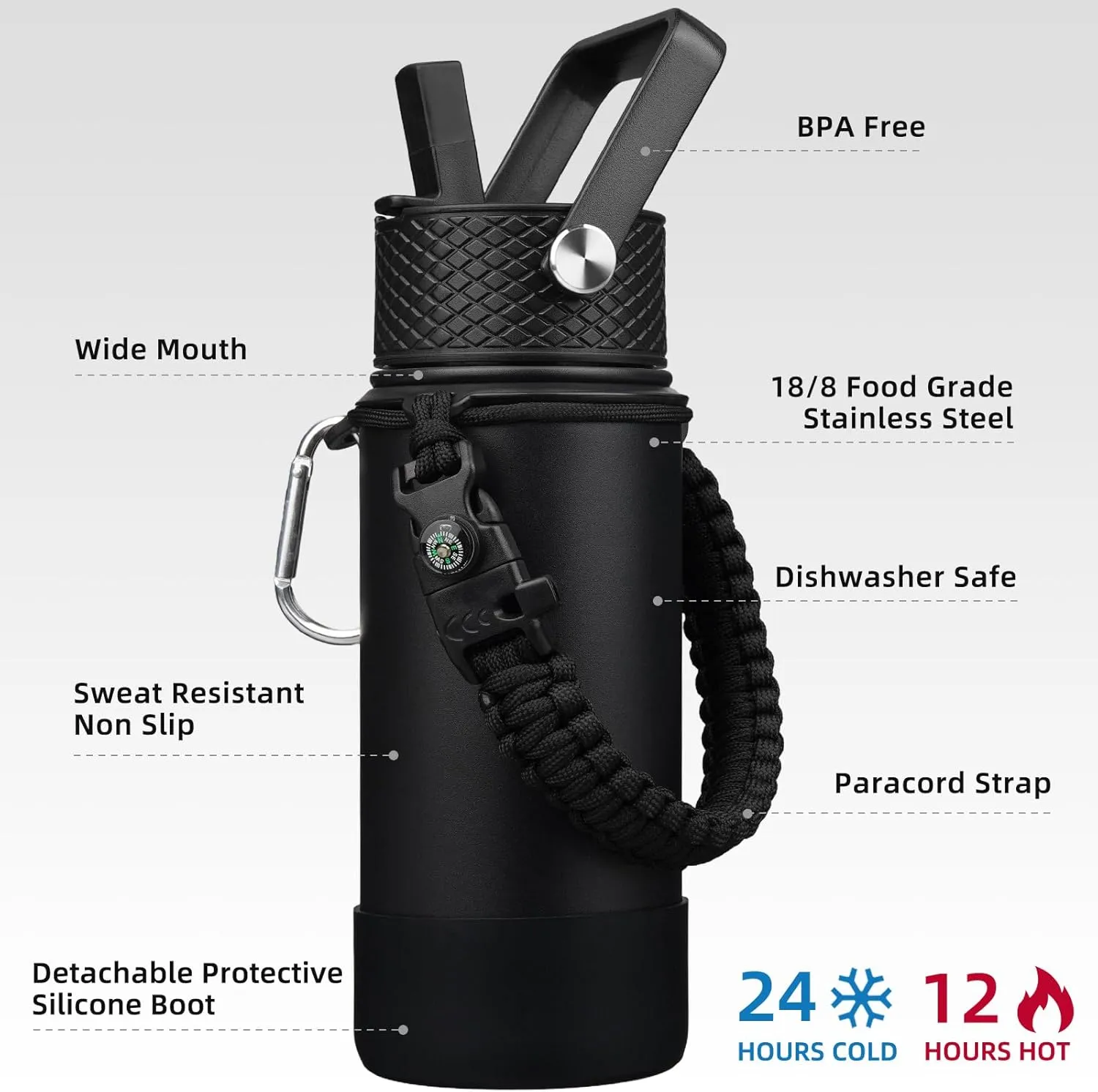 BJPKPK Water Bottle with Straw Lid, 18oz Insulated Water Bottles with 3 Lids, Paracord Handle & Non-slip Boot, Metal Stainless Steel Thermos, BPA Free Leak Proof Cups, Tumblers,Black