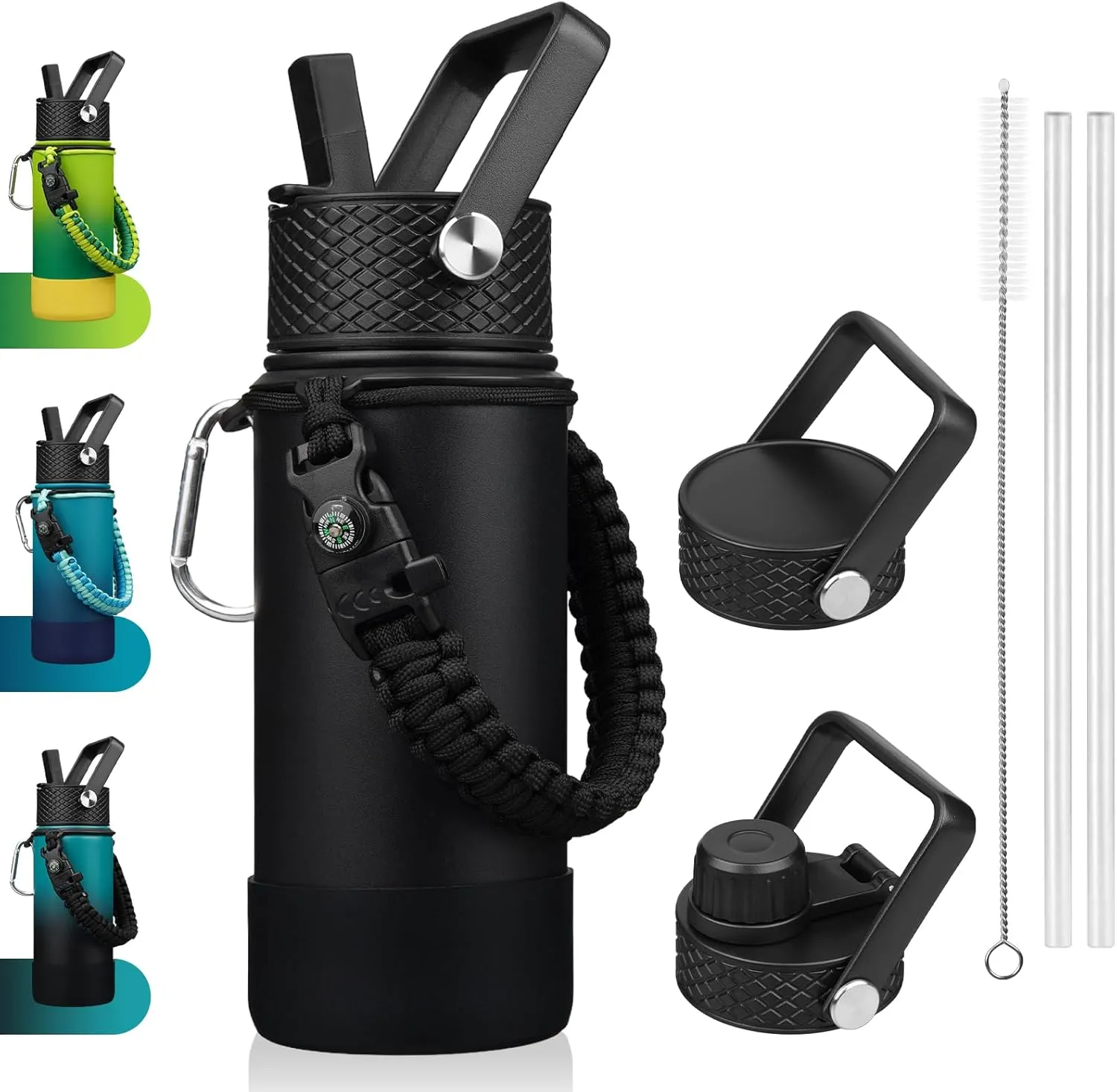 BJPKPK Water Bottle with Straw Lid, 18oz Insulated Water Bottles with 3 Lids, Paracord Handle & Non-slip Boot, Metal Stainless Steel Thermos, BPA Free Leak Proof Cups, Tumblers,Black