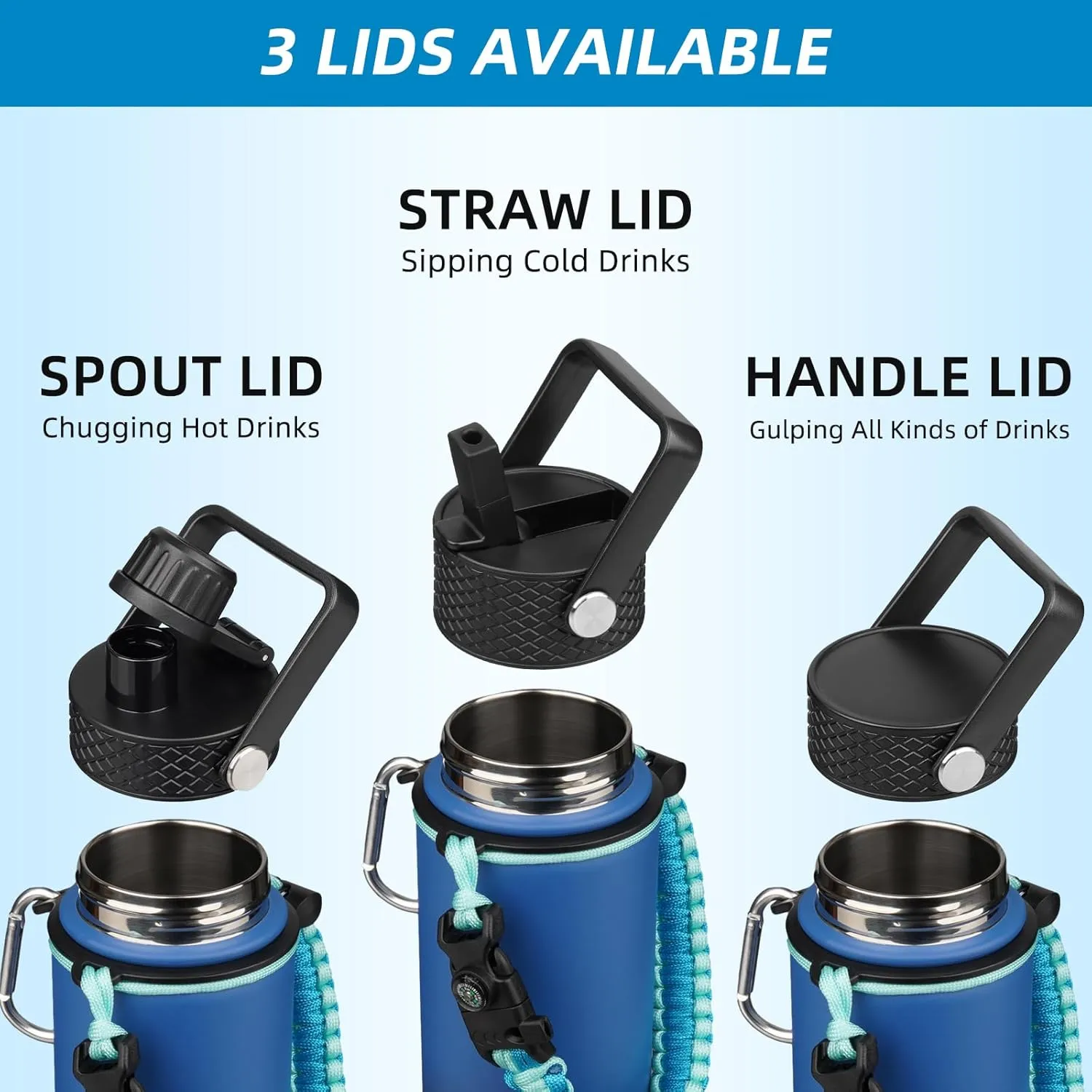 BJPKPK Water Bottle with Straw Lid, 18oz Insulated Water Bottles with 3 Lids, Paracord Handle & Non-slip Boot, Metal Stainless Steel Thermos, BPA Free Leak Proof Cups, Tumblers,Cherry