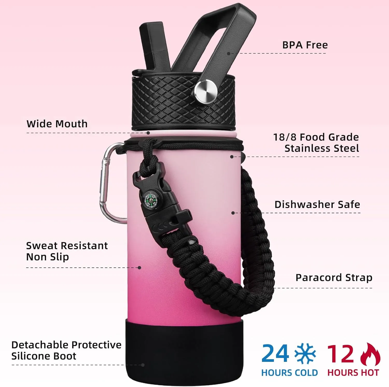 BJPKPK Water Bottle with Straw Lid, 18oz Insulated Water Bottles with 3 Lids, Paracord Handle & Non-slip Boot, Metal Stainless Steel Thermos, BPA Free Leak Proof Cups, Tumblers,Cherry
