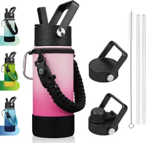 BJPKPK Water Bottle with Straw Lid, 18oz Insulated Water Bottles with 3 Lids, Paracord Handle & Non-slip Boot, Metal Stainless Steel Thermos, BPA Free Leak Proof Cups, Tumblers,Cherry