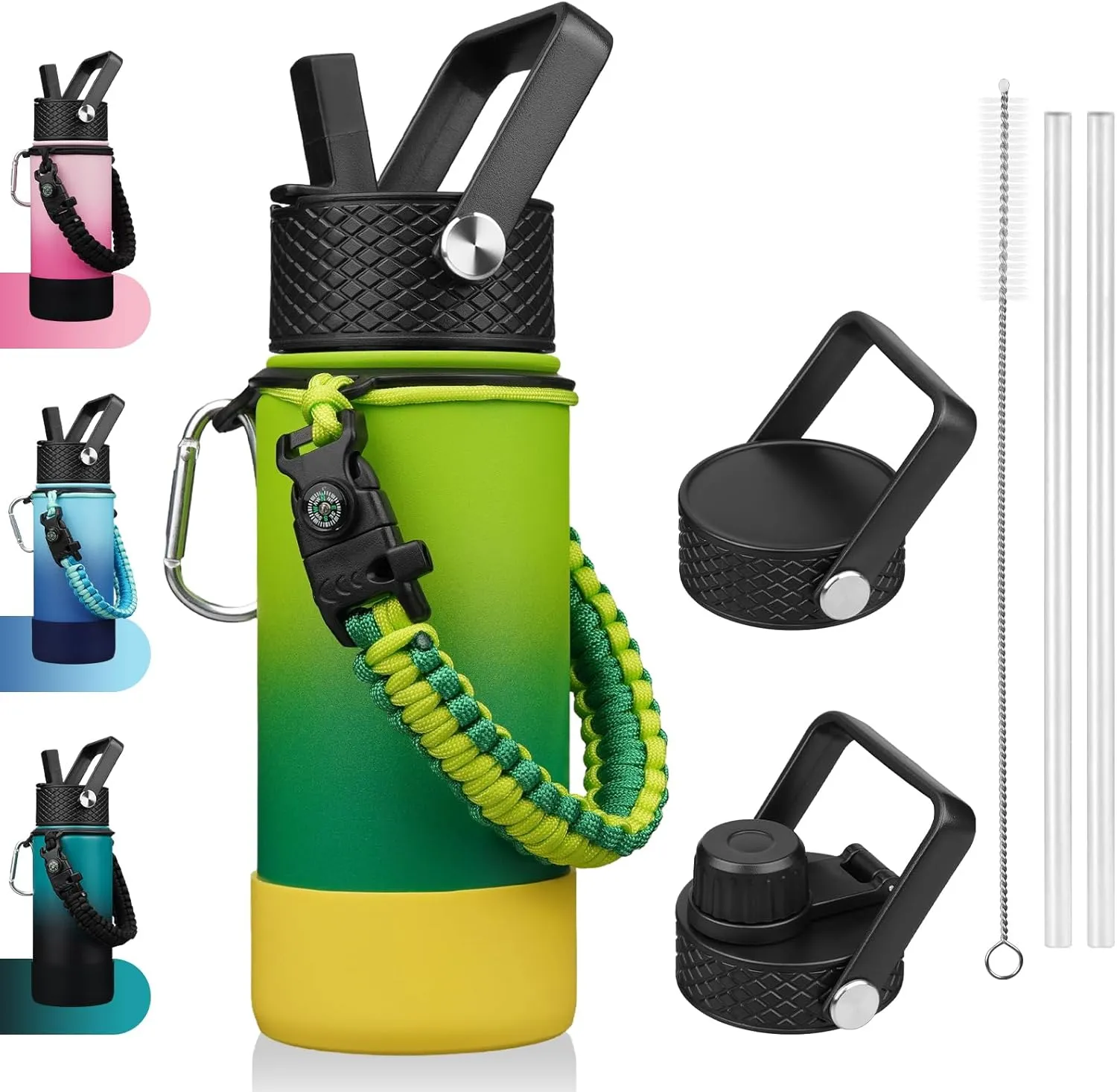BJPKPK Water Bottle with Straw Lid, 18oz Insulated Water Bottles with 3 Lids, Paracord Handle & Non-slip Boot,Stainless Steel Metal Thermos,BPA Free Leak Proof Tumblers,Bamboo Grove