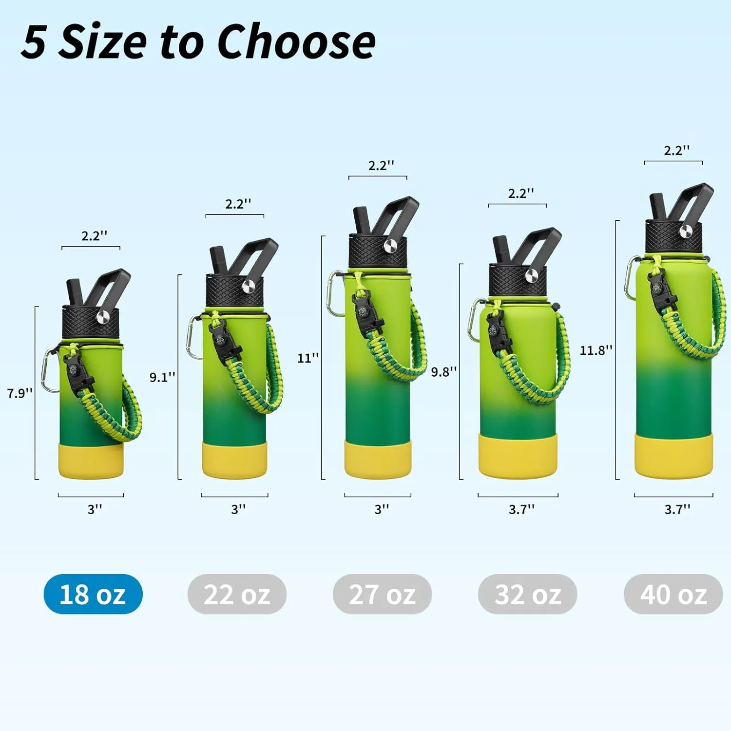 BJPKPK Water Bottle with Straw Lid, 18oz Insulated Water Bottles with 3 Lids, Paracord Handle & Non-slip Boot,Stainless Steel Metal Thermos,BPA Free Leak Proof Tumblers,Bamboo Grove