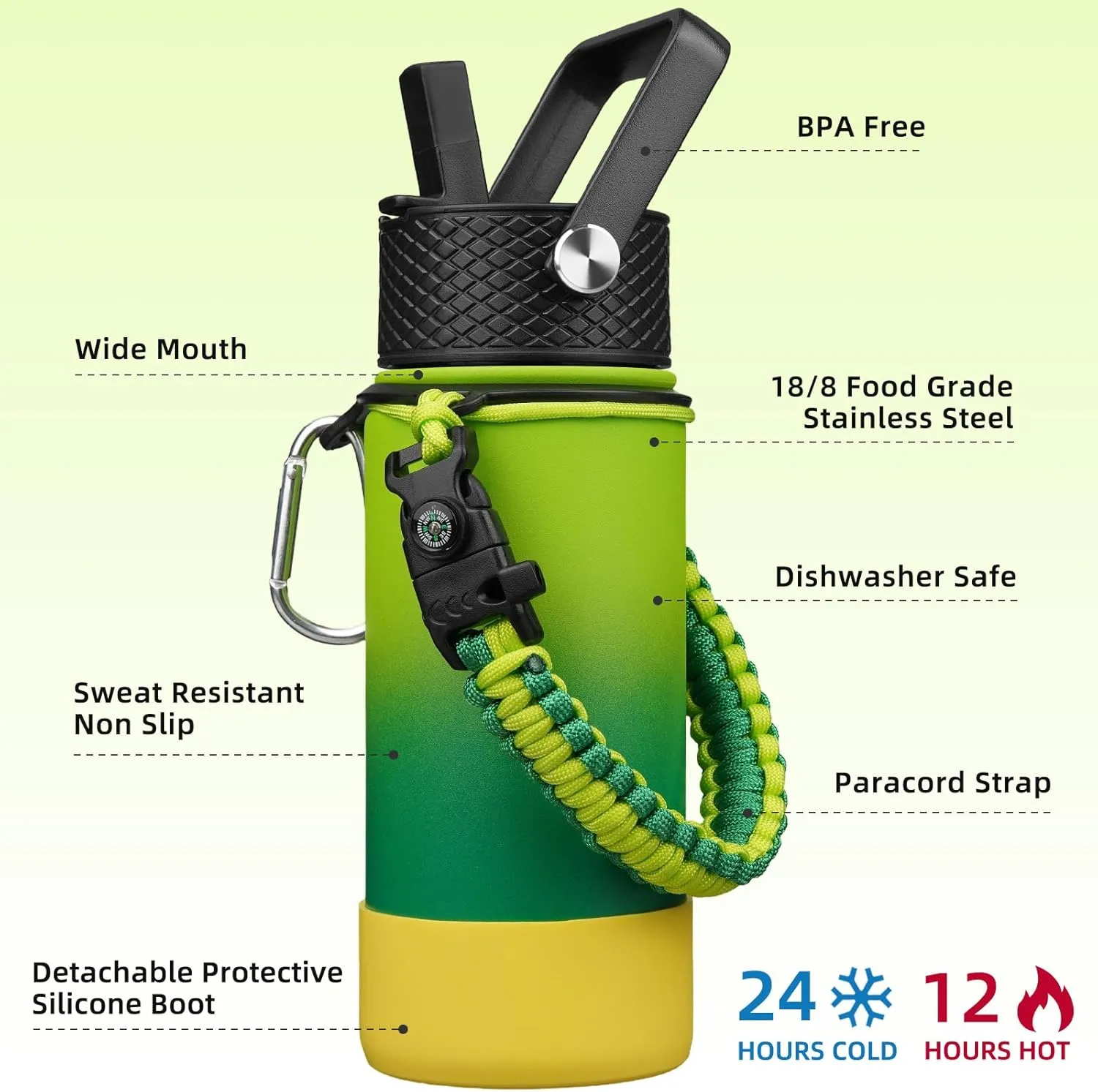 BJPKPK Water Bottle with Straw Lid, 18oz Insulated Water Bottles with 3 Lids, Paracord Handle & Non-slip Boot,Stainless Steel Metal Thermos,BPA Free Leak Proof Tumblers,Bamboo Grove