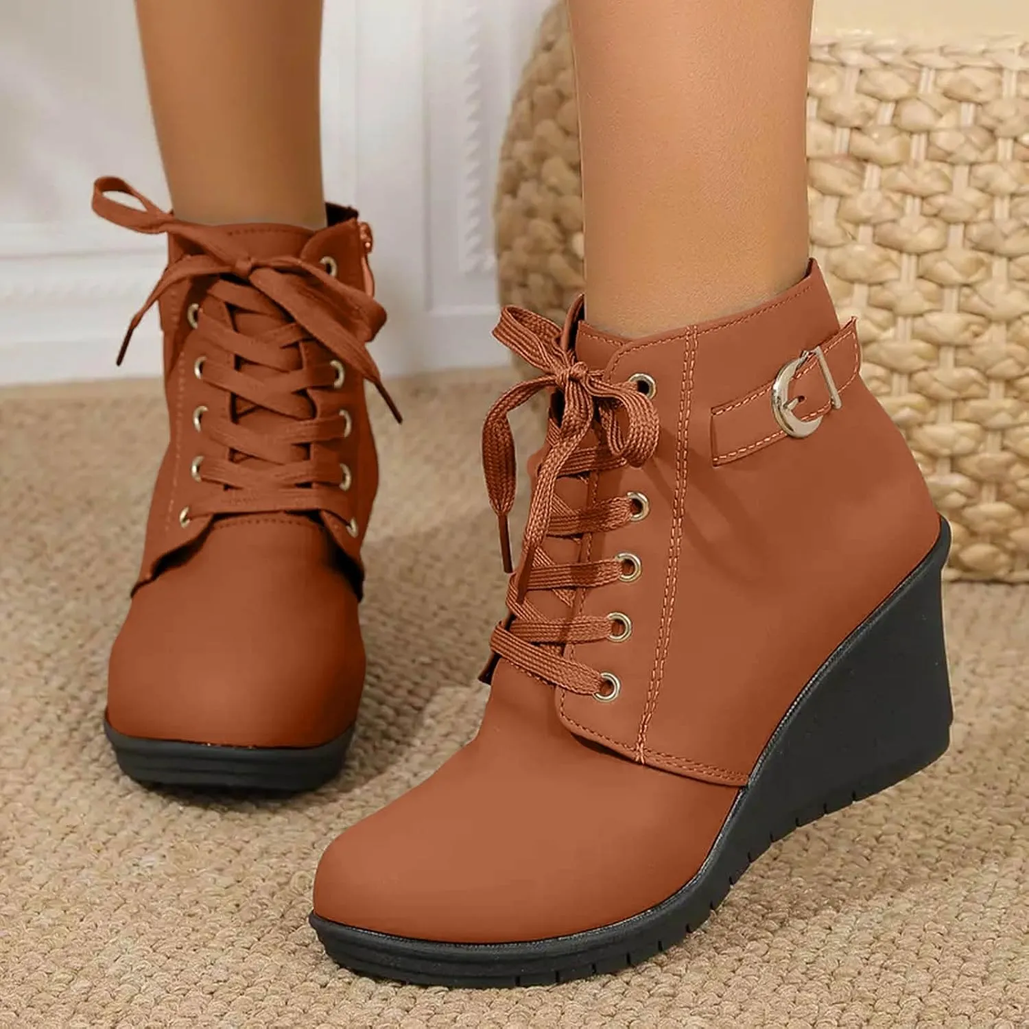 Black Ankle Boots for Women Wedge Boots for Women Fashion Women Square Heels Zipper Short Booties Round Toe Shoes
