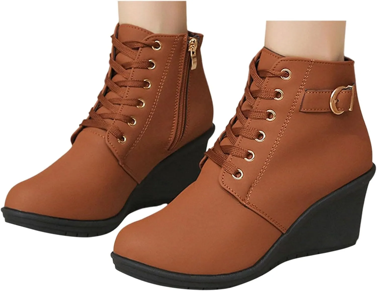 Black Ankle Boots for Women Wedge Boots for Women Fashion Women Square Heels Zipper Short Booties Round Toe Shoes