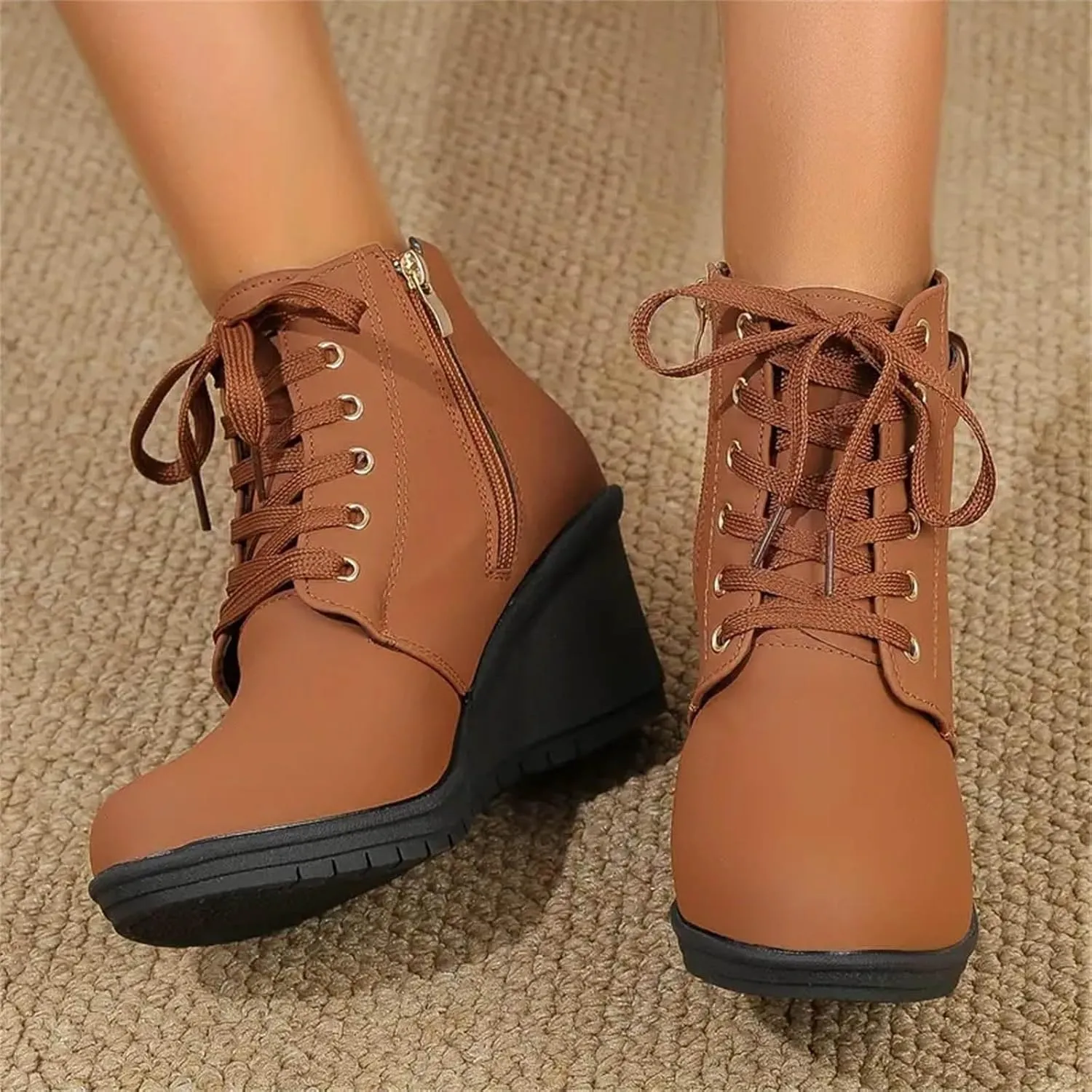 Black Ankle Boots for Women Wedge Boots for Women Fashion Women Square Heels Zipper Short Booties Round Toe Shoes