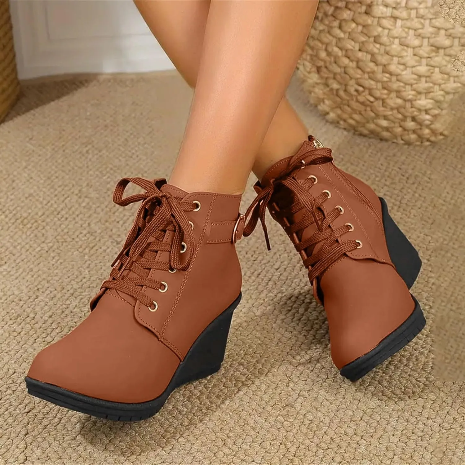 Black Ankle Boots for Women Wedge Boots for Women Fashion Women Square Heels Zipper Short Booties Round Toe Shoes