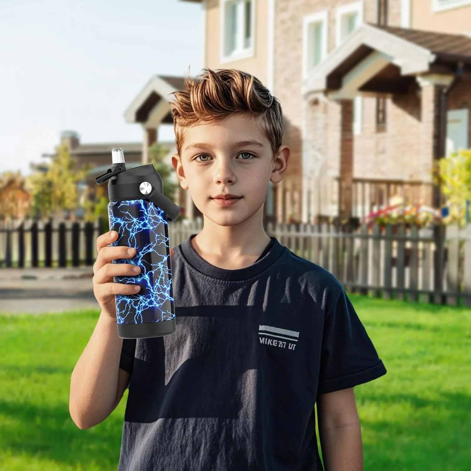 Boys Water Bottle with Straw,18 oz Kids Insulated Cups with Stainless Steel Leak Proof for School,Sport&Travel（Football）
