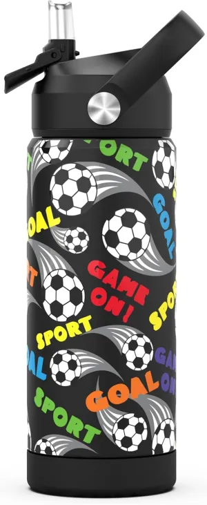 Boys Water Bottle with Straw,18 oz Kids Insulated Cups with Stainless Steel Leak Proof for School,Sport&Travel（Football）
