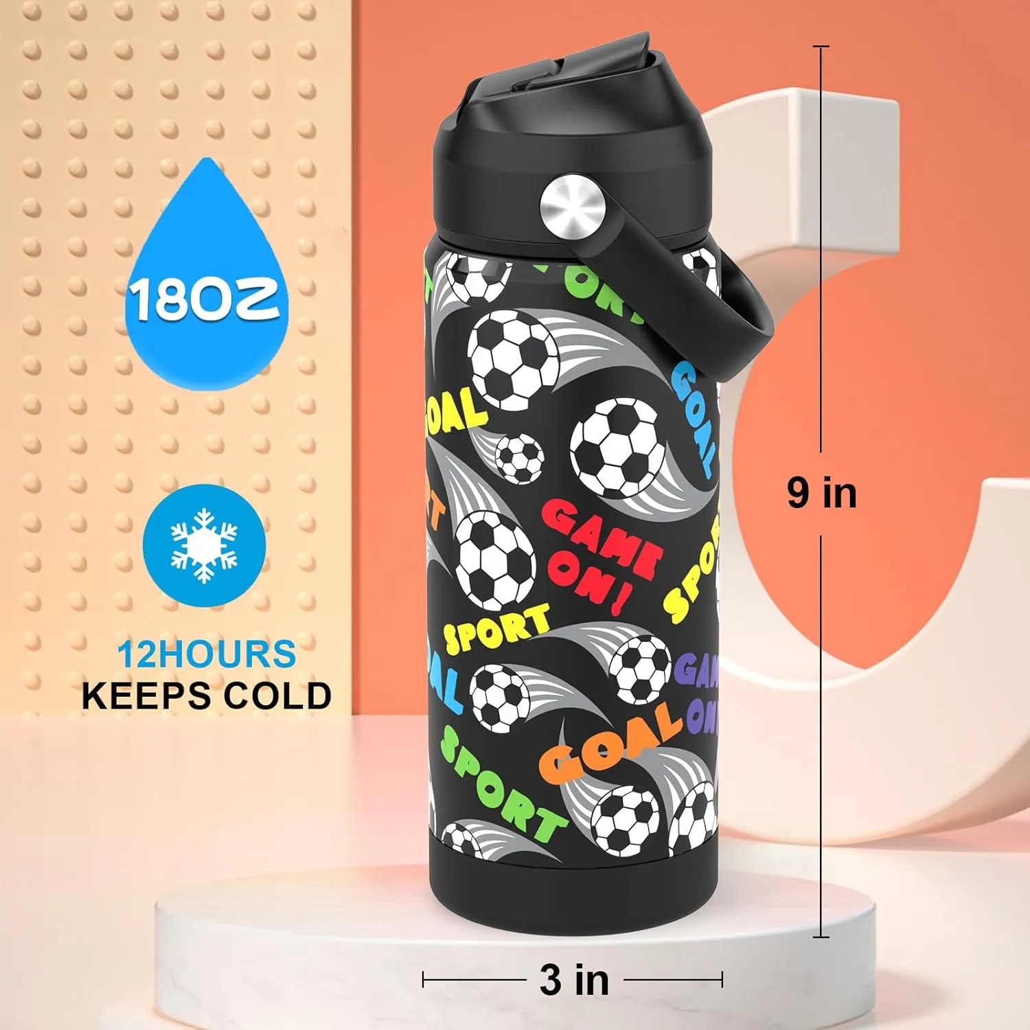 Boys Water Bottle with Straw,18 oz Kids Insulated Cups with Stainless Steel Leak Proof for School,Sport&Travel（Football）