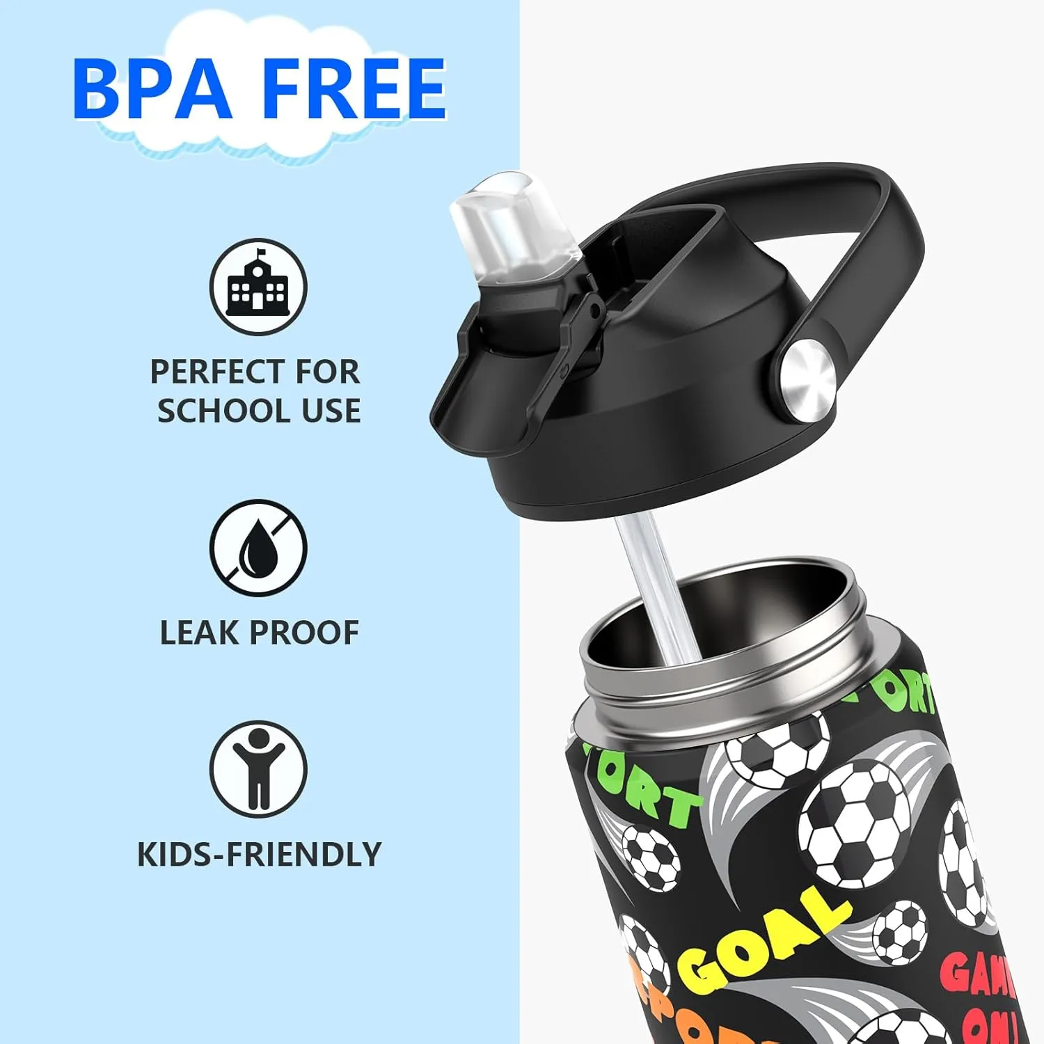 Boys Water Bottle with Straw,18 oz Kids Insulated Cups with Stainless Steel Leak Proof for School,Sport&Travel（Football）