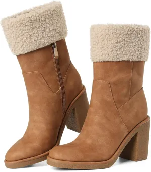 Brown Suede Winter Snow Boots for Women Chunky Mid Heel Round Toe Ankle Booties Cute Warm Furry Walk Outdoor Boot