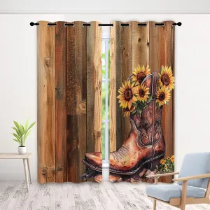 Brown Wooden Board Curtains for Bedroom, Cowboy Boot Blackout Curtains 63 Inch Long 2 Panels Set, Sunflower Window Curtains for Living Room Home Decor, Grommet Drapes, W52 x L63