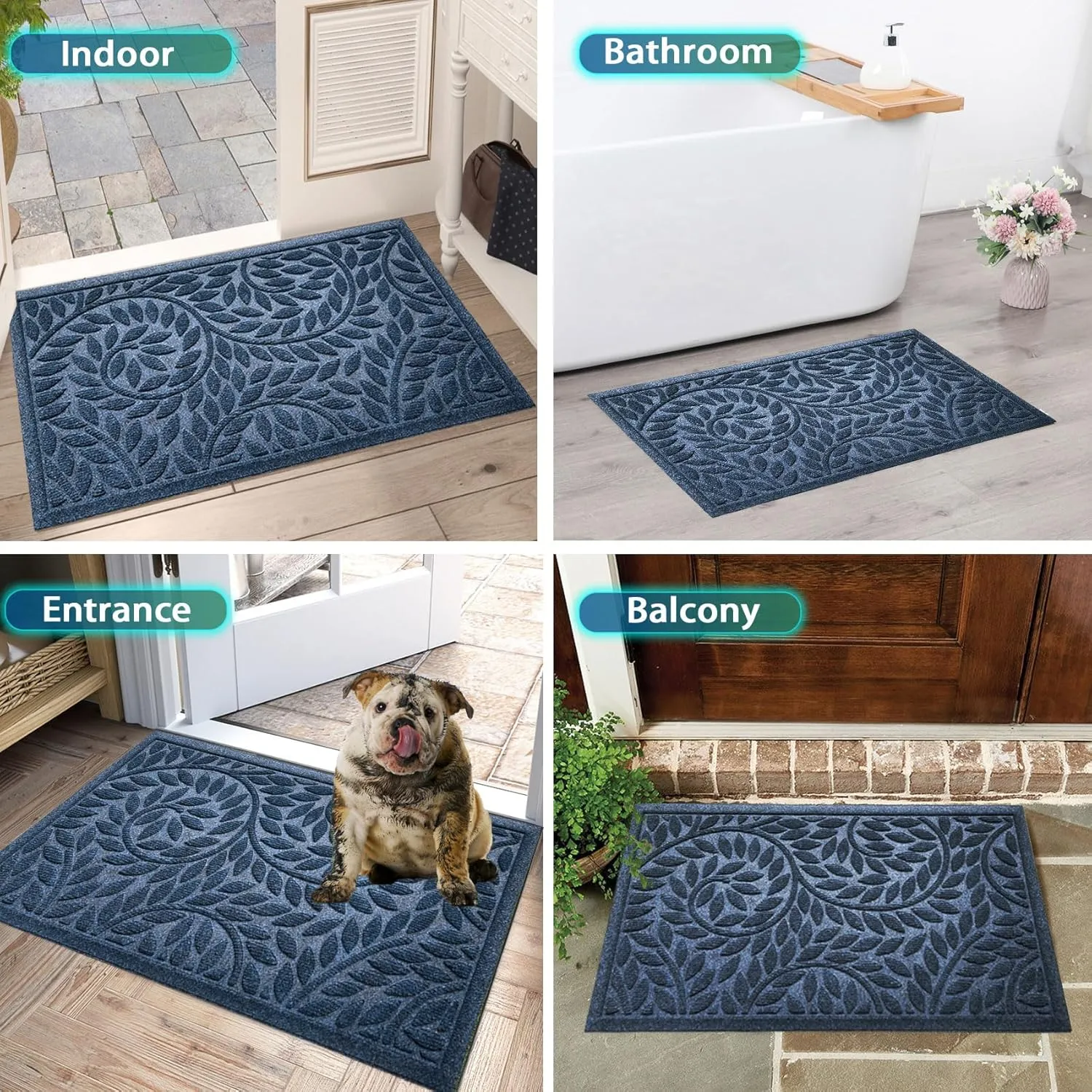 Bulijojo Front Door Mat Outdoor Entrance,Durable Heavy Duty Welcome Mat,Thick Absorbent Natural Rubber Non Slip Mat,Welcome Entryway Rug Blue 17"x30"