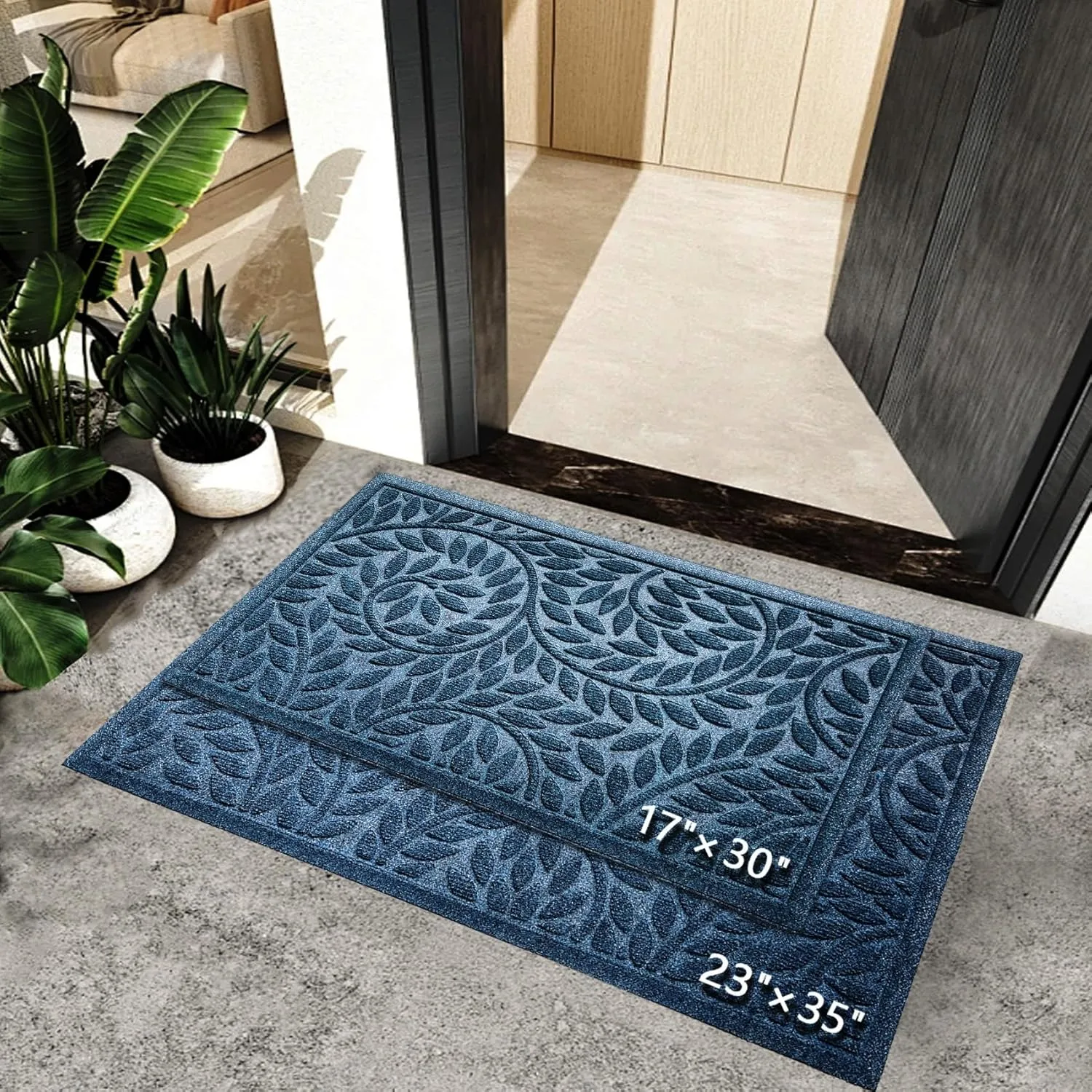 Bulijojo Front Door Mat Outdoor Entrance,Durable Heavy Duty Welcome Mat,Thick Absorbent Natural Rubber Non Slip Mat,Welcome Entryway Rug Blue 17"x30"