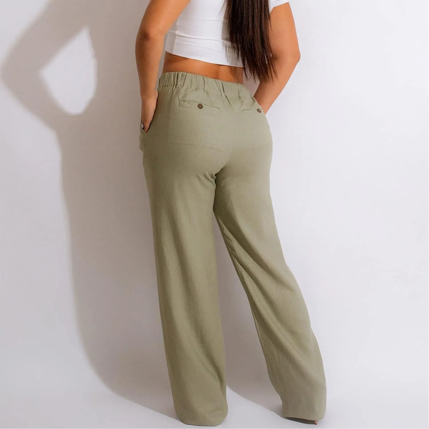 Cargo Pants for Women Casual Solid Pant Straight High Waist Buttons Pleated Trousers Wide Leg Sweatpants with Pocket