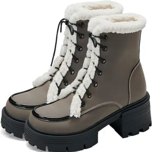 Chunky Low Heel Velvet Ankle Boots, Side Zip Lace Up Snow Boots Outdoor Sports Boots Raw Edge Patent Leather Matte Stain-Resistant Fashion Boots