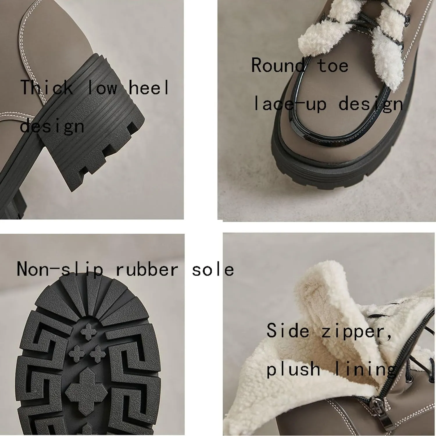 Chunky Low Heel Velvet Ankle Boots, Side Zip Lace Up Snow Boots Outdoor Sports Boots Raw Edge Patent Leather Matte Stain-Resistant Fashion Boots