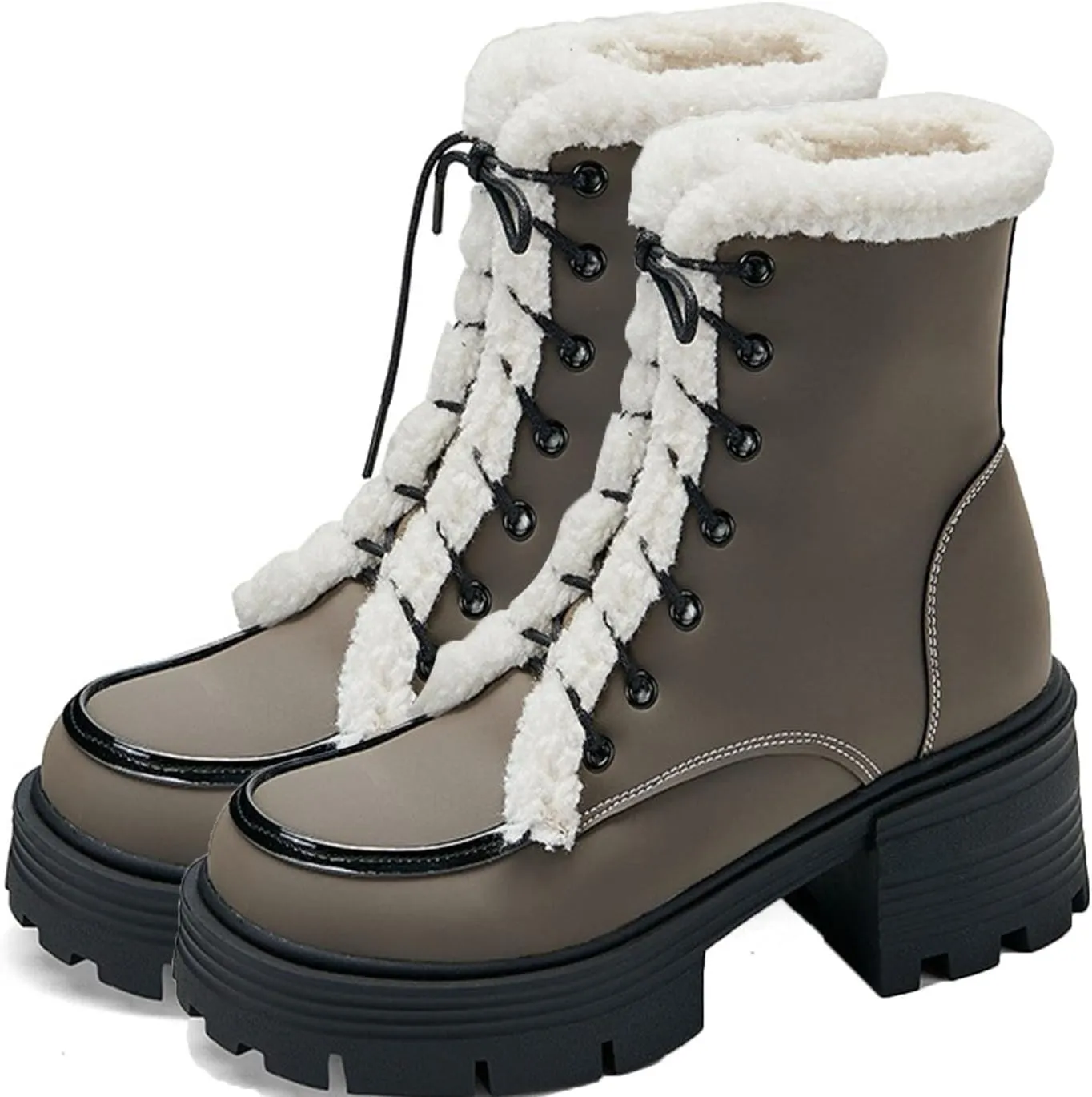 Chunky Low Heel Velvet Ankle Boots, Side Zip Lace Up Snow Boots Outdoor Sports Boots Raw Edge Patent Leather Matte Stain-Resistant Fashion Boots