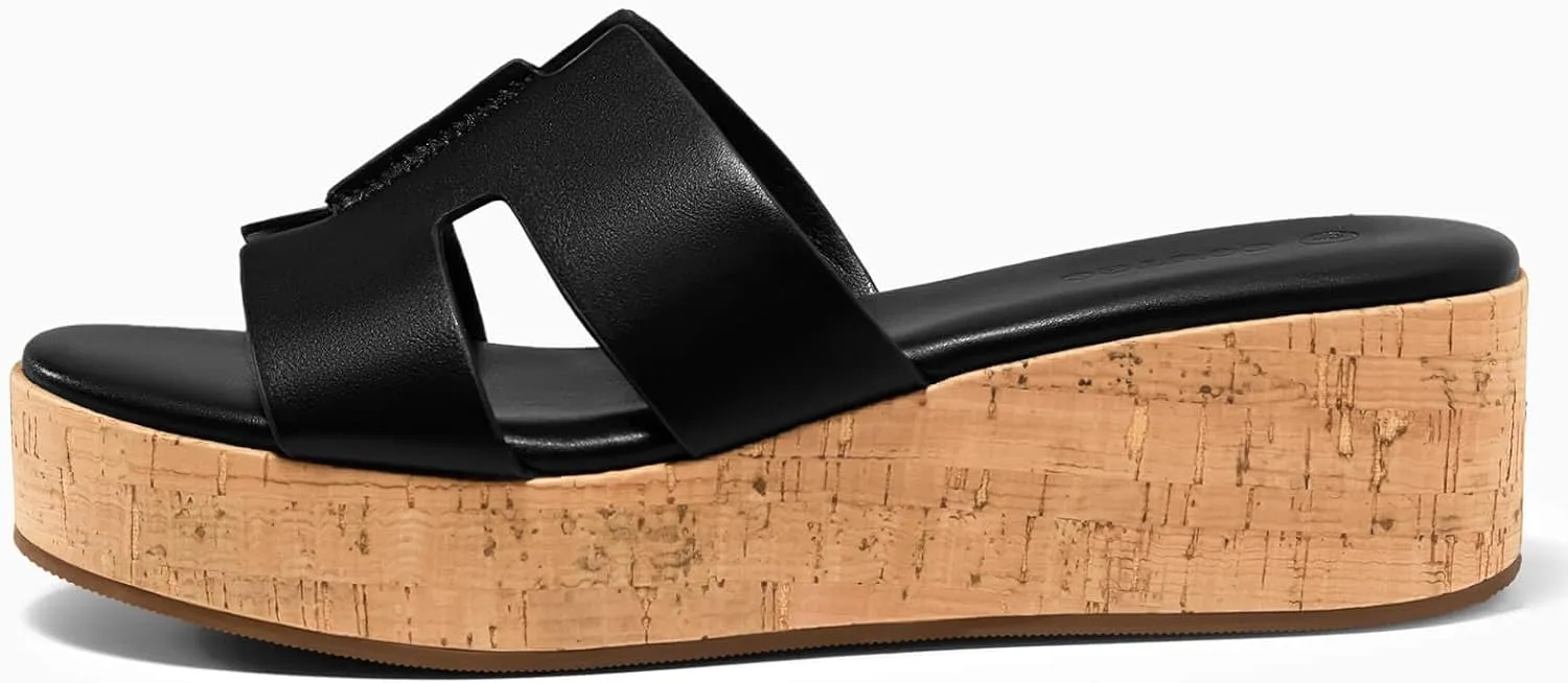 Coutgo Women's Platform Wedge Sandals Open Toe Slip On Slides Cork Heeled Cutout Comfortable Summer Shoes