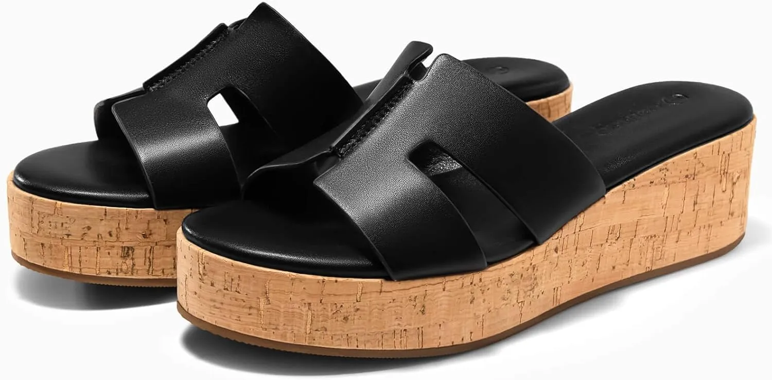 Coutgo Women's Platform Wedge Sandals Open Toe Slip On Slides Cork Heeled Cutout Comfortable Summer Shoes