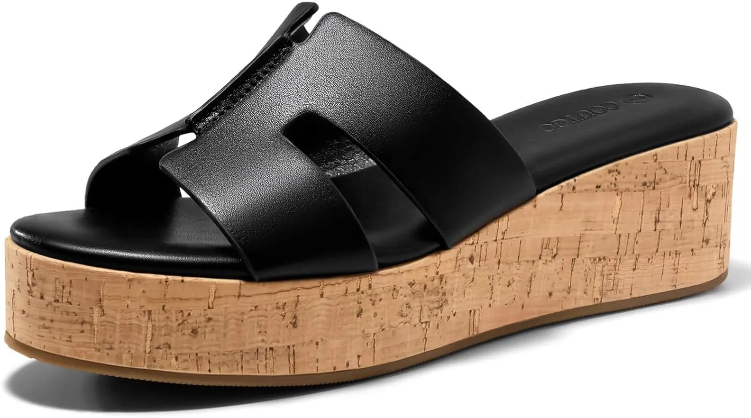 Coutgo Women's Platform Wedge Sandals Open Toe Slip On Slides Cork Heeled Cutout Comfortable Summer Shoes
