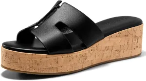 Coutgo Women's Platform Wedge Sandals Open Toe Slip On Slides Cork Heeled Cutout Comfortable Summer Shoes