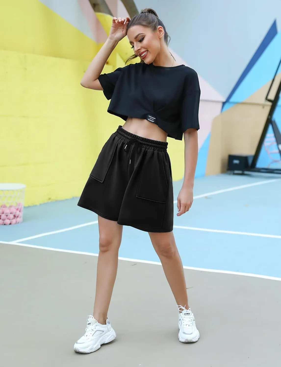 Cowasto Womens Cotton Sweat Shorts Casual Summer Loose Athletic Short Drawstring Waist Lounge Running Shorts with Pockets
