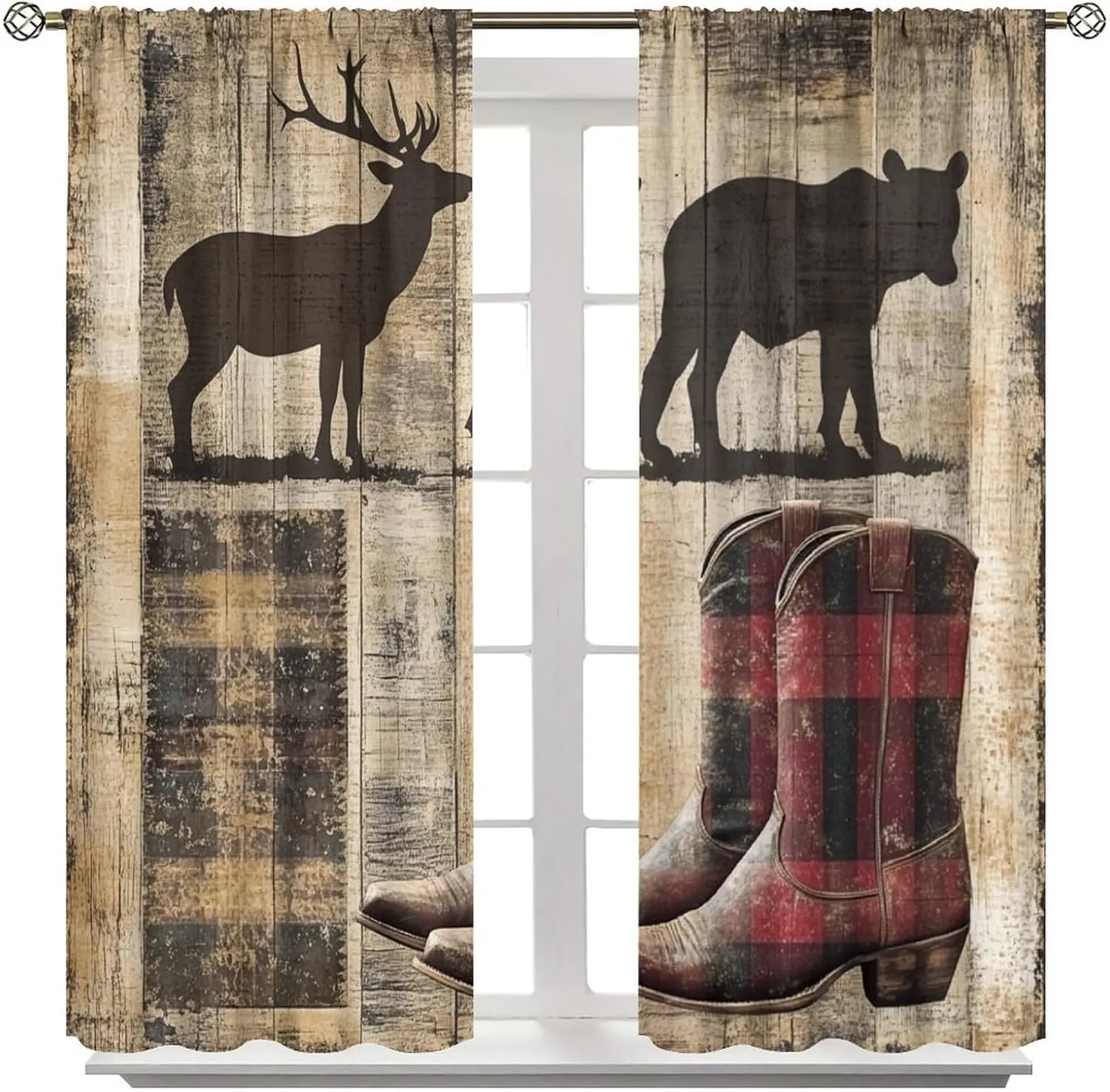 Deer Bear Silhouette Blackout Curtains, Retro Cowboy Boot Curtains Rod Pocket Thermal Insulated Window Drapes for Bedroom/Living Room, 52W x 63L, 2 Panels