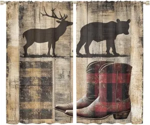 Deer Bear Silhouette Blackout Curtains, Retro Cowboy Boot Curtains Rod Pocket Thermal Insulated Window Drapes for Bedroom/Living Room, 52W x 63L, 2 Panels
