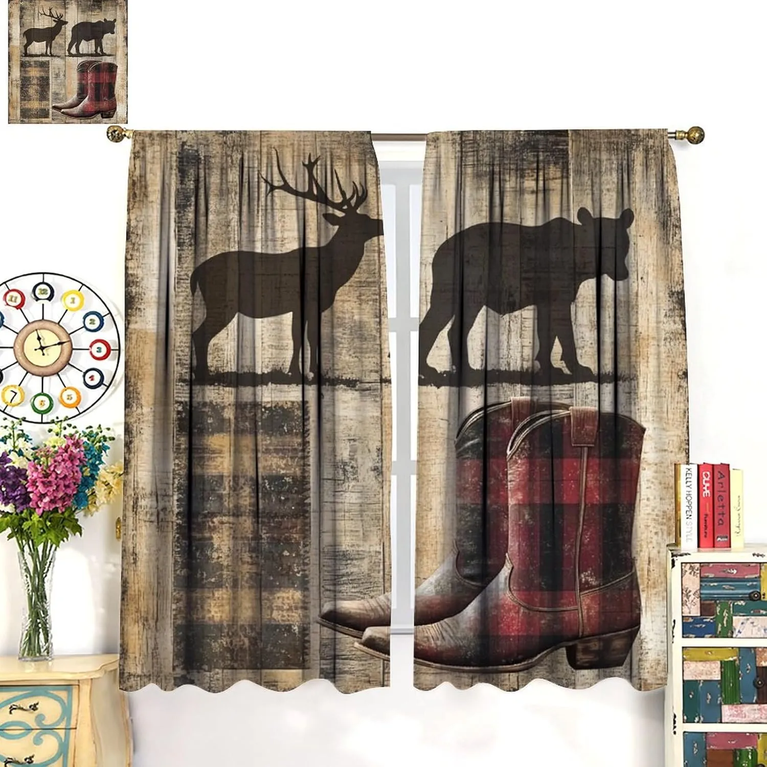 Deer Bear Silhouette Blackout Curtains, Retro Cowboy Boot Curtains Rod Pocket Thermal Insulated Window Drapes for Bedroom/Living Room, 52W x 63L, 2 Panels