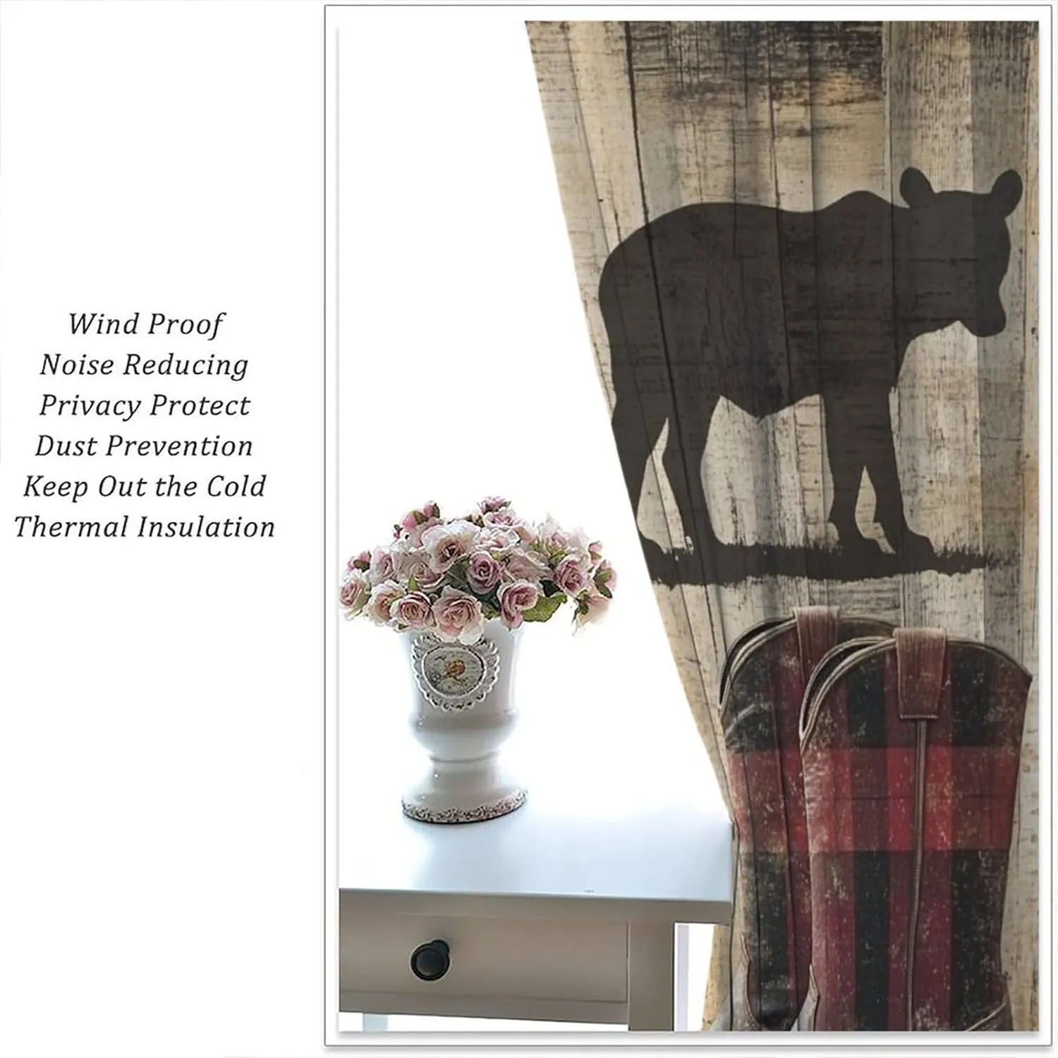 Deer Bear Silhouette Blackout Curtains, Retro Cowboy Boot Curtains Rod Pocket Thermal Insulated Window Drapes for Bedroom/Living Room, 52W x 63L, 2 Panels