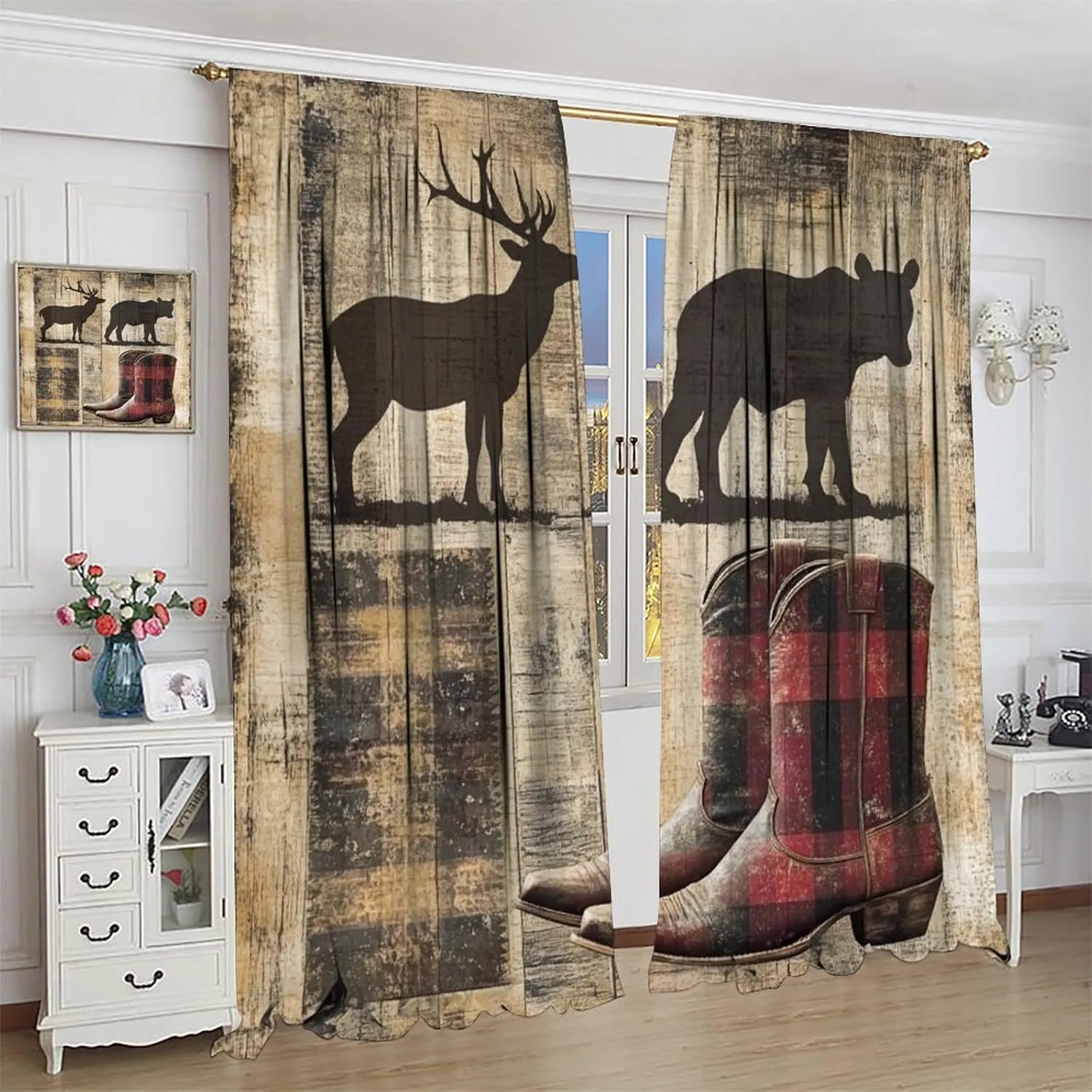 Deer Bear Silhouette Blackout Curtains, Retro Cowboy Boot Curtains Rod Pocket Thermal Insulated Window Drapes for Bedroom/Living Room, 52W x 63L, 2 Panels