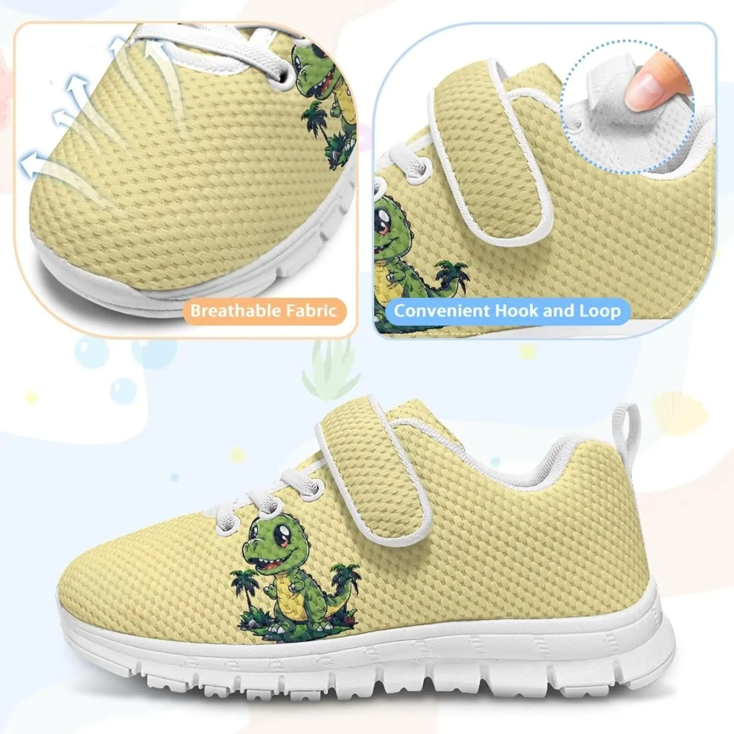 Dinosaur Print Boys Athletic Running Sneakers for Kids Hook & Loop Hiking Sneaker Fitness Shoes