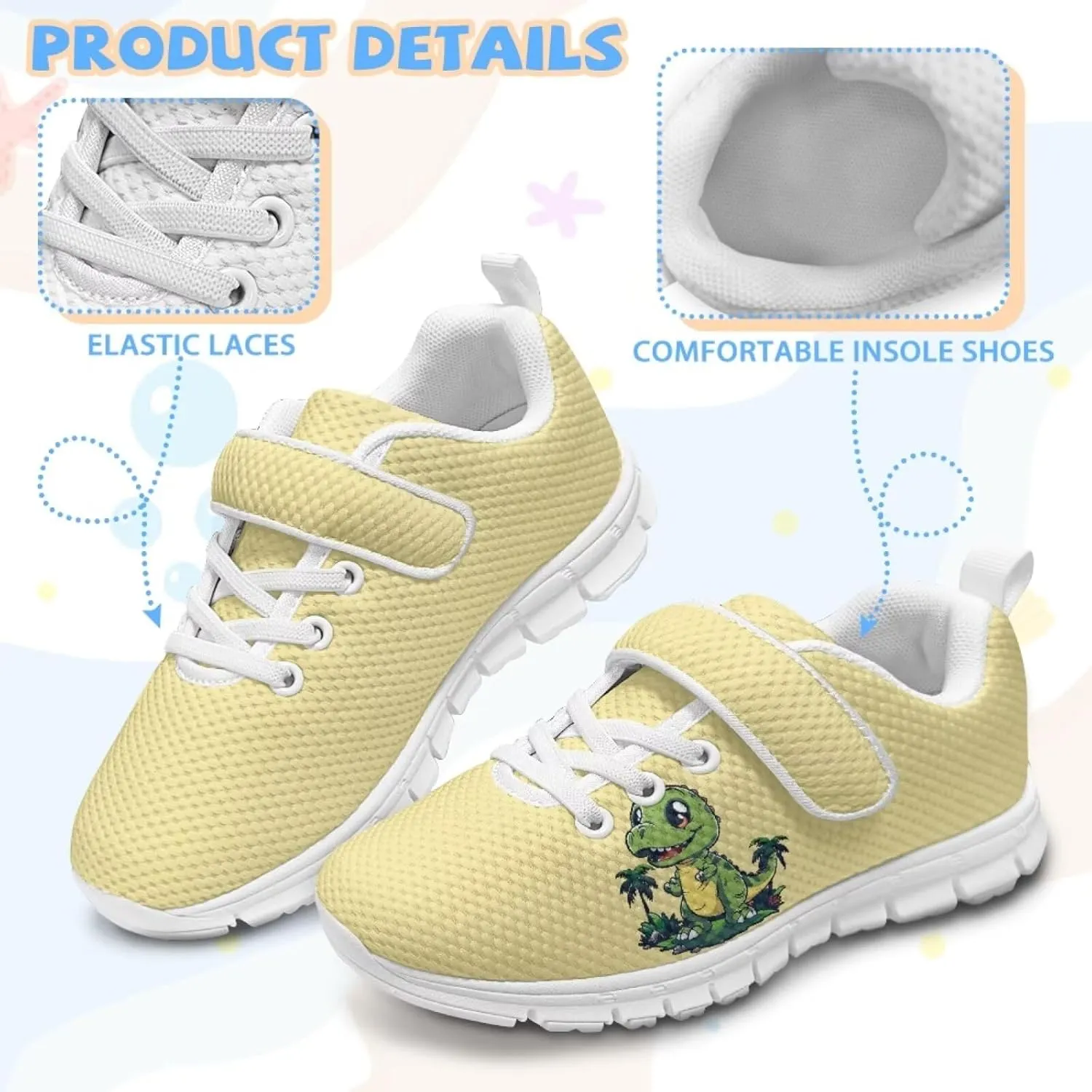 Dinosaur Print Boys Athletic Running Sneakers for Kids Hook & Loop Hiking Sneaker Fitness Shoes
