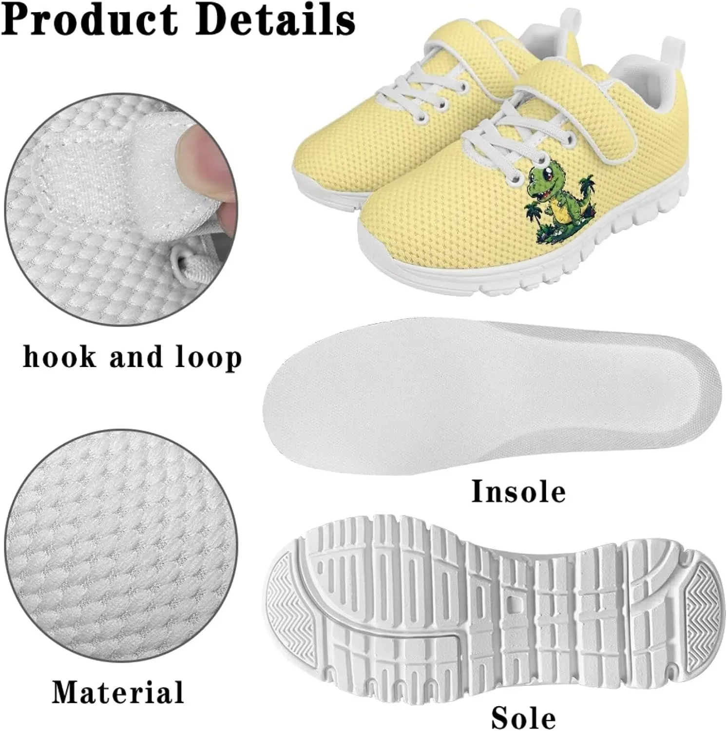 Dinosaur Print Boys Athletic Running Sneakers for Kids Hook & Loop Hiking Sneaker Fitness Shoes