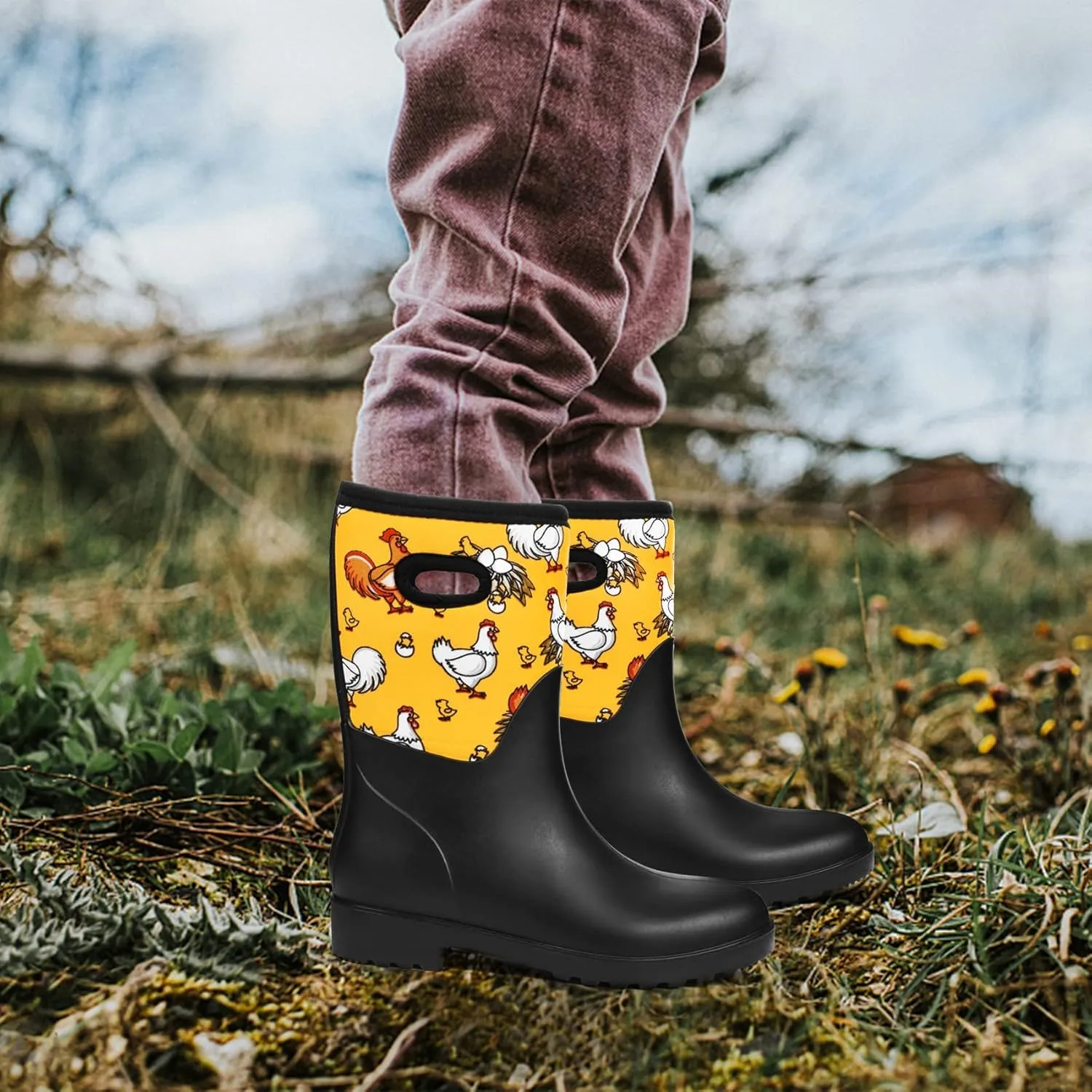 DKSUKO Women Rain Boots Waterproof,Rubber Tall Pull on Insulated Snow Mud Shoes