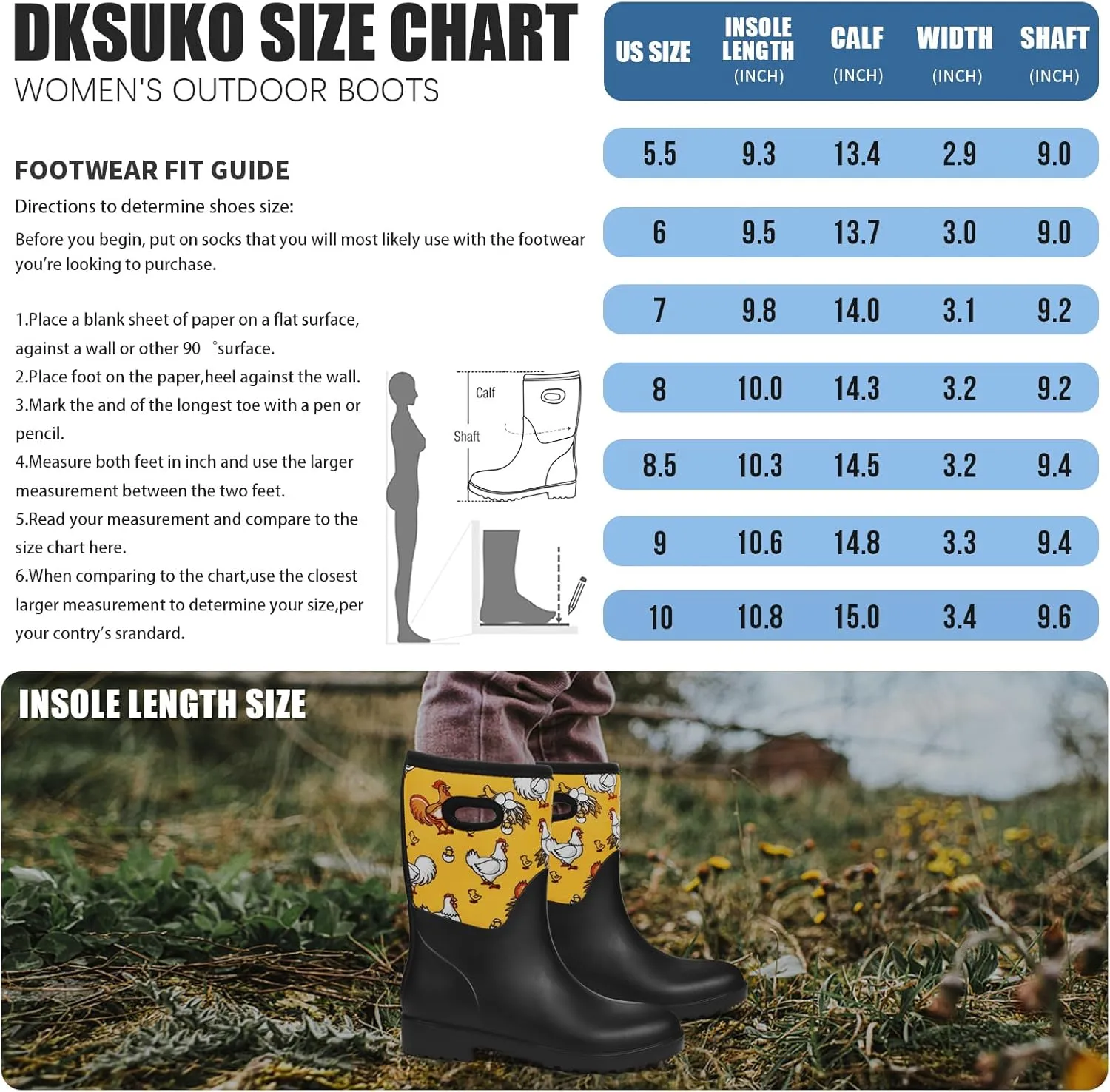 DKSUKO Women Rain Boots Waterproof,Rubber Tall Pull on Insulated Snow Mud Shoes
