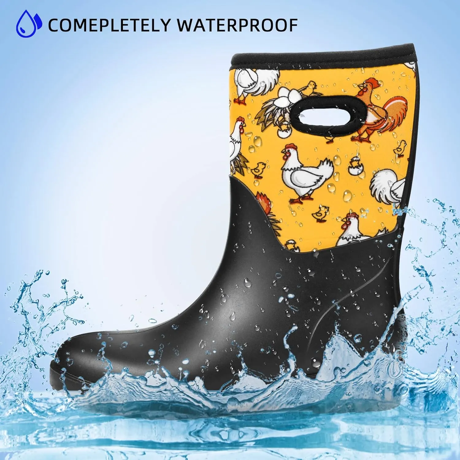 DKSUKO Women Rain Boots Waterproof,Rubber Tall Pull on Insulated Snow Mud Shoes