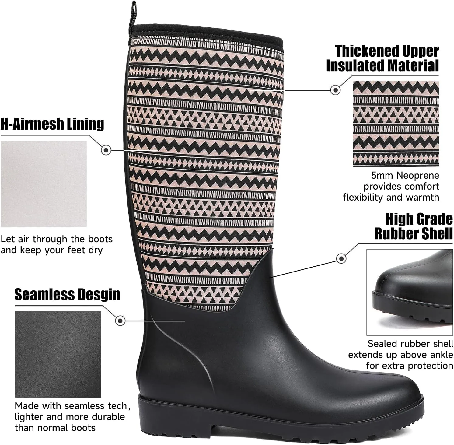 DKSUKO Women Rain Boots Waterproof,Rubber Tall Pull on Insulated Snow Mud Shoes
