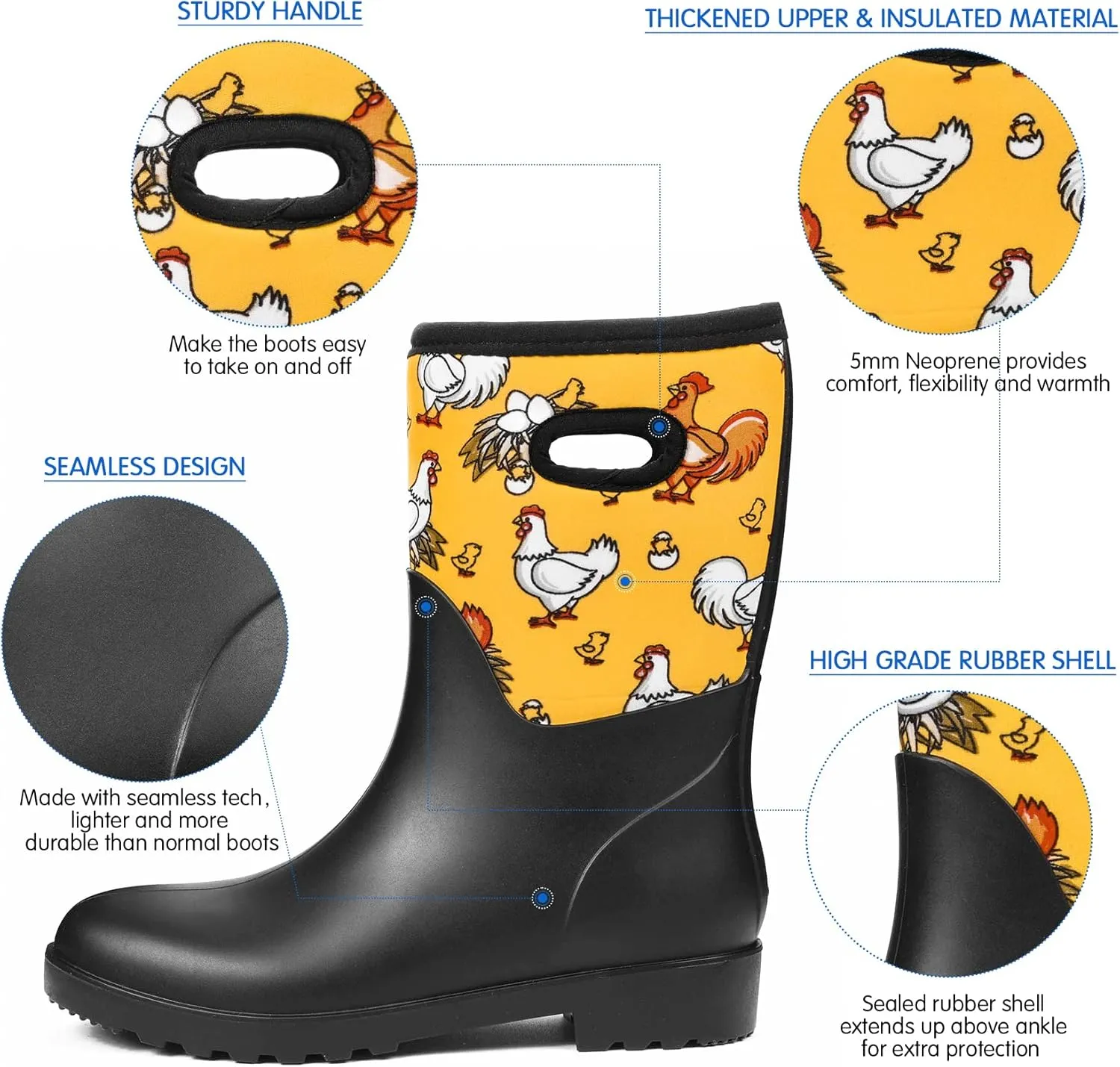 DKSUKO Women Rain Boots Waterproof,Rubber Tall Pull on Insulated Snow Mud Shoes