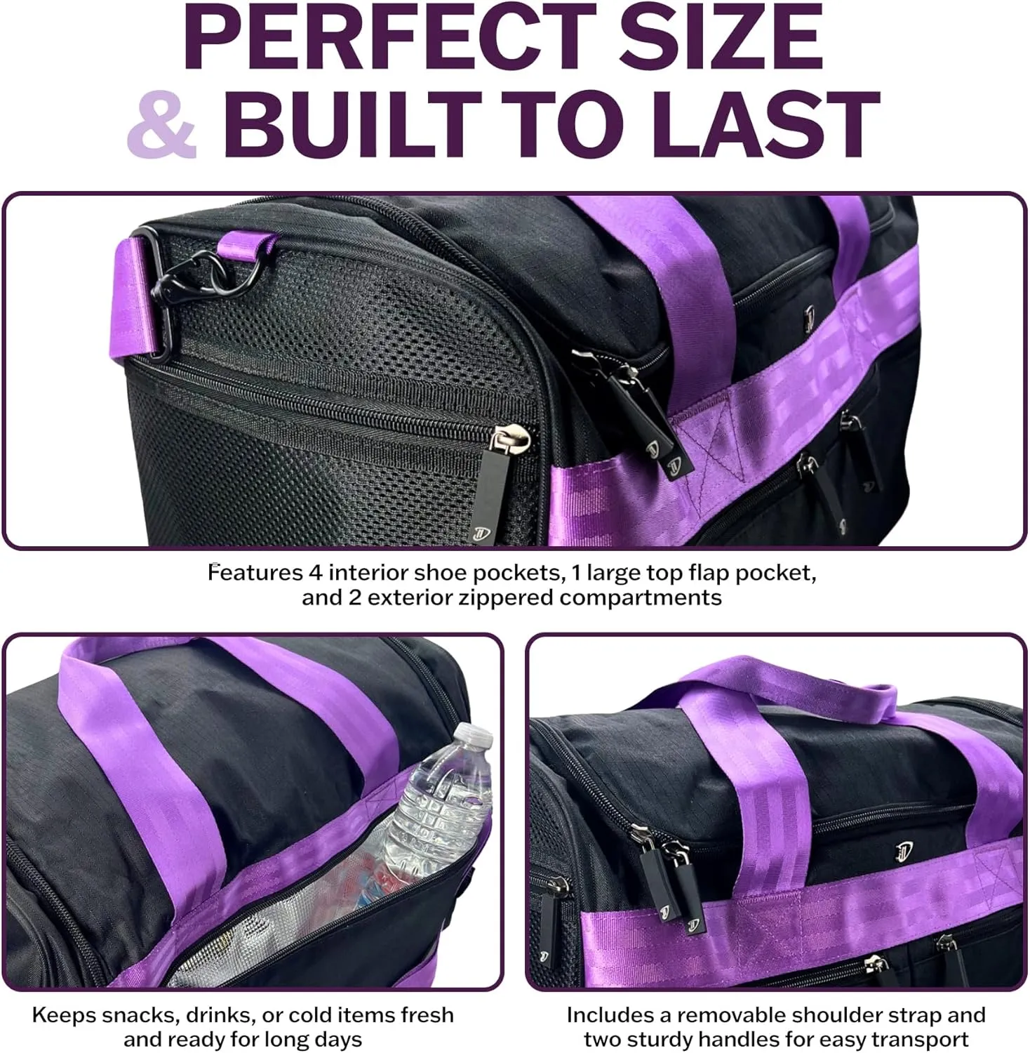 Dream Duffel Elevate Gym Bag, Sports Duffle with Shoe Pockets, Insulated Compartment, and Durable Design, 19"x12"x11.5", Purple