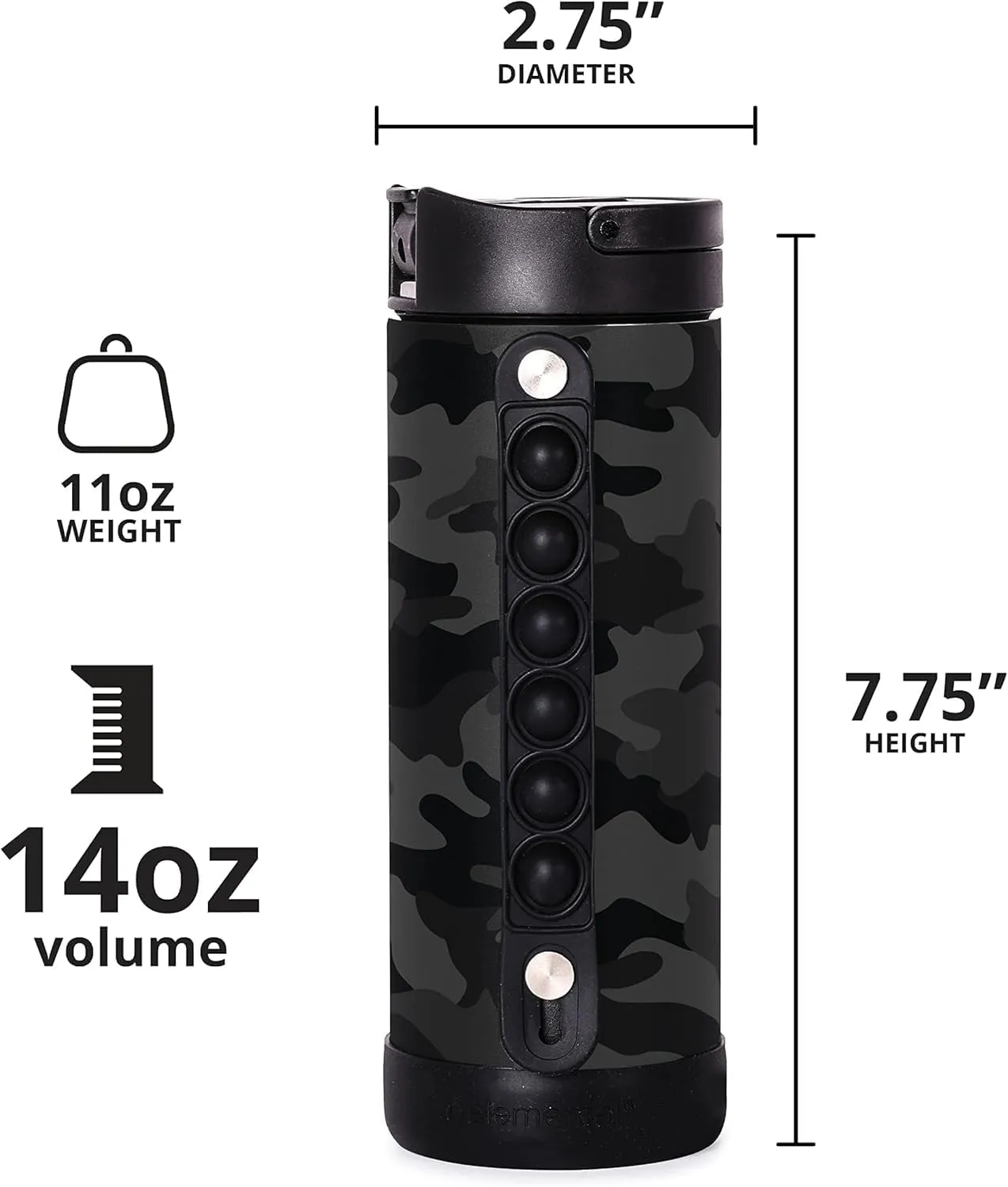 Elemental Iconic Kids Water Bottle with Straw Lid & Stress Relief Pop It Handle, Leak-Proof When Closed, Triple Insulated Kids Stainless Steel Water Bottle For Girls and Boys, 14oz - Black Camo