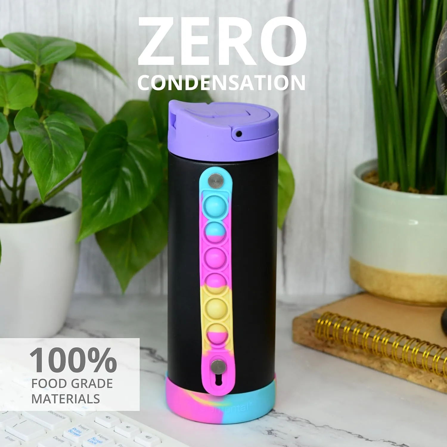 Elemental Iconic Kids Water Bottle with Straw Lid & Stress Relief Pop It Handle, Leak-Proof When Closed, Triple Insulated Kids Stainless Steel Water Bottle For Girls and Boys, 14oz - Black Tie Dye