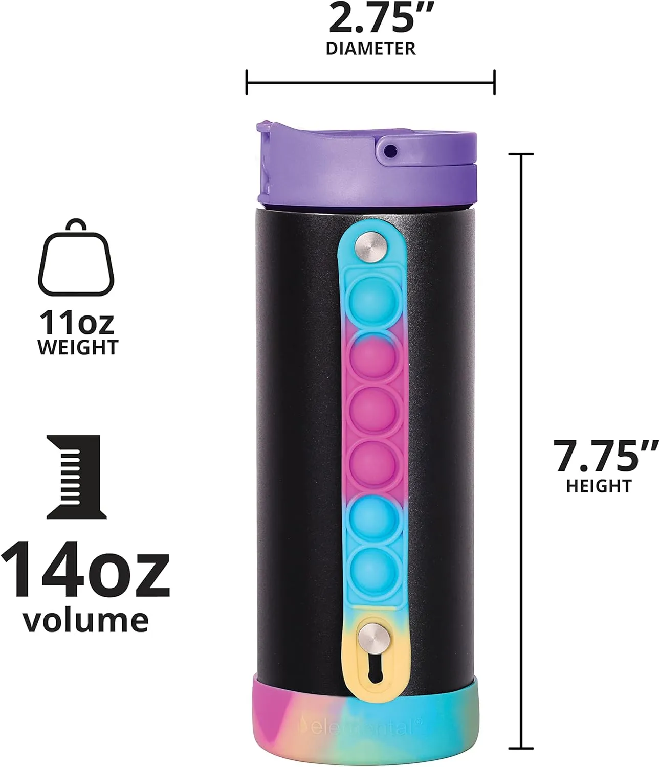 Elemental Iconic Kids Water Bottle with Straw Lid & Stress Relief Pop It Handle, Leak-Proof When Closed, Triple Insulated Kids Stainless Steel Water Bottle For Girls and Boys, 14oz - Black Tie Dye