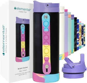 Elemental Iconic Kids Water Bottle with Straw Lid & Stress Relief Pop It Handle, Leak-Proof When Closed, Triple Insulated Kids Stainless Steel Water Bottle For Girls and Boys, 14oz - Black Tie Dye