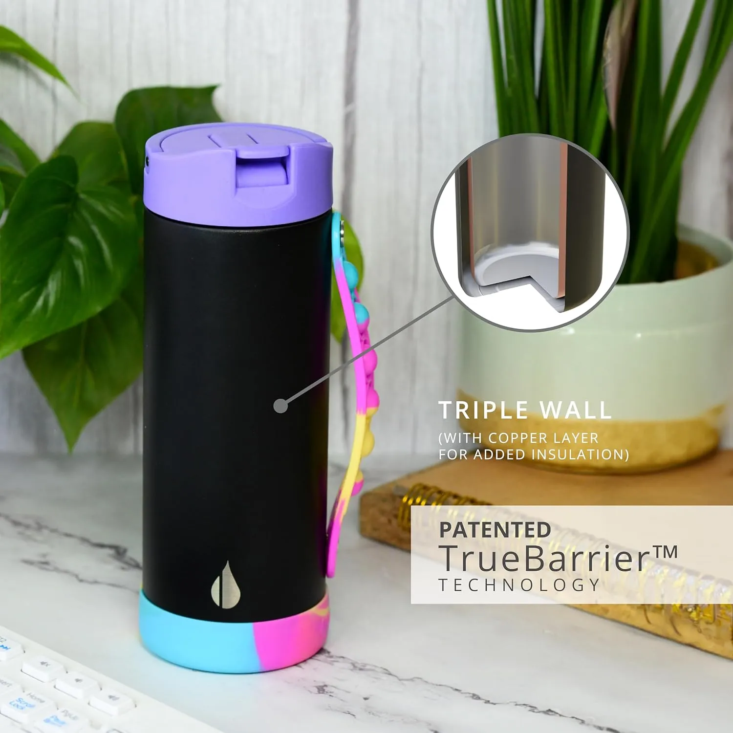 Elemental Iconic Kids Water Bottle with Straw Lid & Stress Relief Pop It Handle, Leak-Proof When Closed, Triple Insulated Kids Stainless Steel Water Bottle For Girls and Boys, 14oz - Black Tie Dye