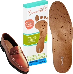 Executive Leather Ultra Thin Shoe Insoles Men & Shoe Inserts for Women. Cow Leather Arch Support Insoles That Don't Crowd Toe Box. Best Shoe Insoles for Dress Shoes Orthotic Inserts Foam Heel Pads M