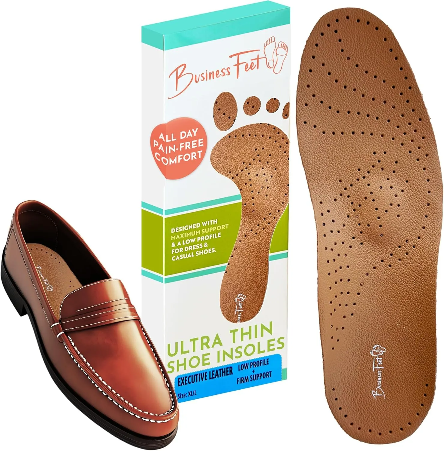 Executive Leather Ultra Thin Shoe Insoles Men & Shoe Inserts for Women. Cow Leather Arch Support Insoles That Don't Crowd Toe Box. Best Shoe Insoles for Dress Shoes Orthotic Inserts Foam Heel Pads M